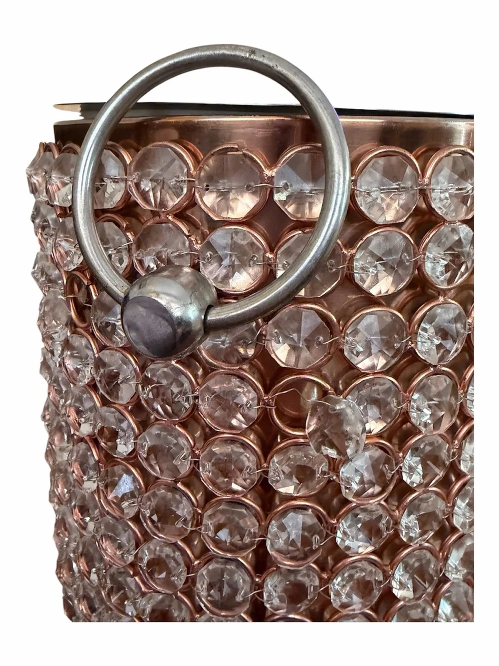 Glam Rose Copper Crystal Beaded Ice Bucket w/ Lid Hollywood Regency Barware